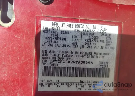 1997 Ford Ranger Splash/Xlt из США, поврежденный, VIN 1FTCR14X9VTA59098